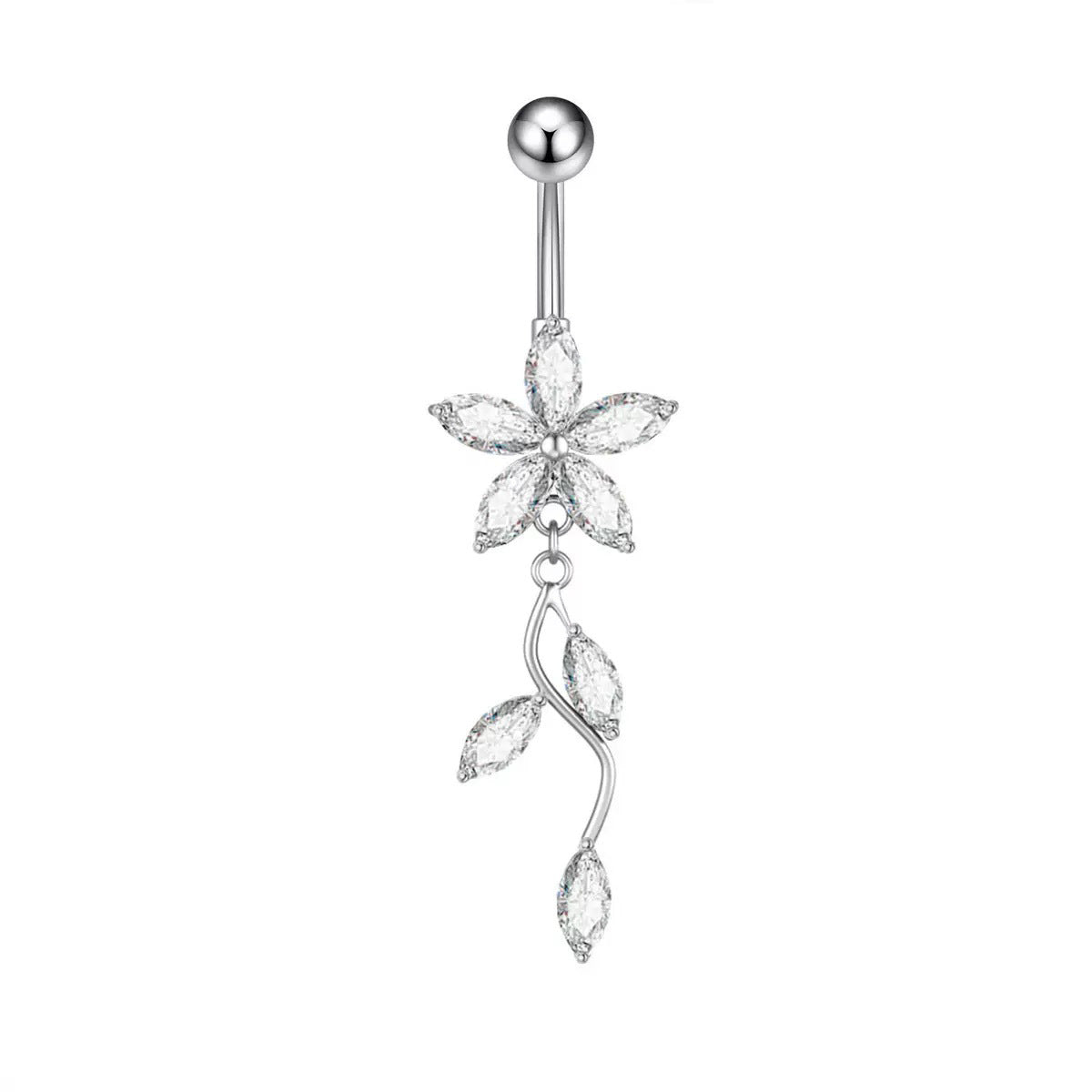 Silver-toned dangle belly button ring featuring a five-petal crystal flower and a cascading leaf vine charm against a white background