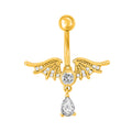 Detailed view of a gold demon or bat wings navel ring with a central sparkling centerpiece and a teardrop dangle.