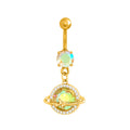 Gold-tone celestial navel piercing featuring a dangling planet design with a round iridescent stone and small shimmering crystals