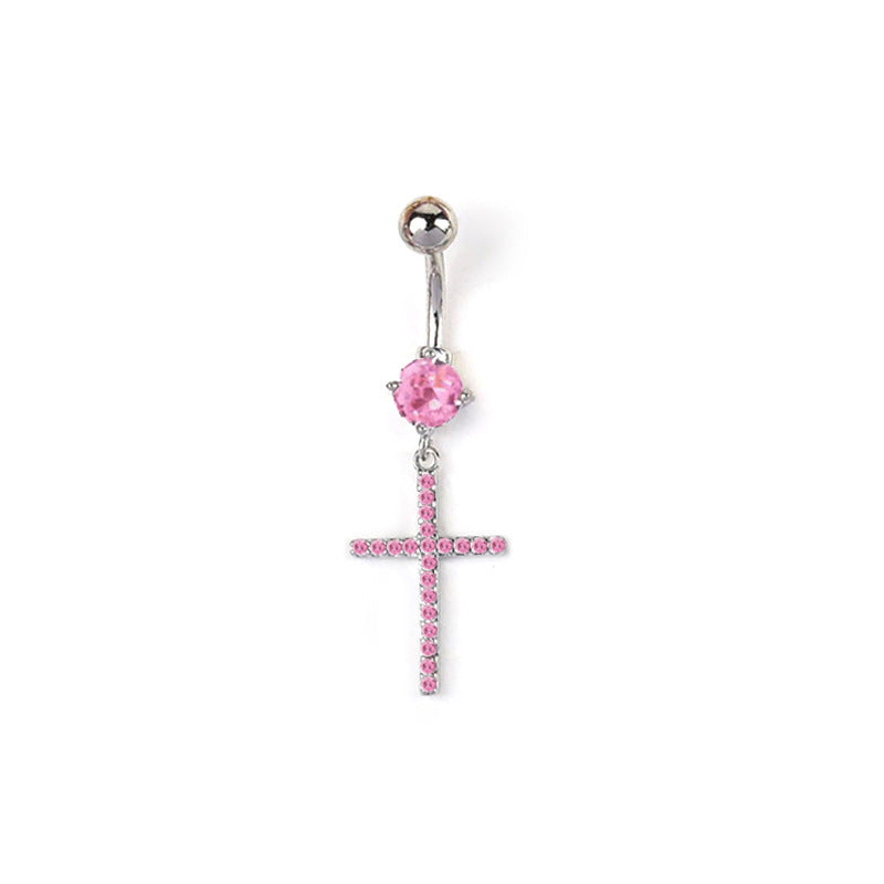 A silver curved barbell navel ring with a brilliant-cut pink stone and a sparkling pink crystal paved cross pendant