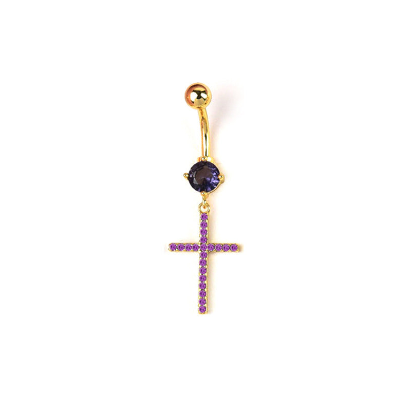 Purple crystal cross dangle belly button ring with a polished gold finish base, featuring a vibrant round crystal and a sparkling cross charm