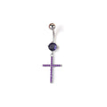 Elegant silver tone navel piercing jewelry with a brilliant purple gemstone and a hanging crystal-encrusted cross pendant
