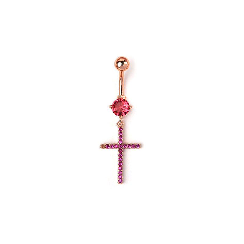 Rose gold tone belly ring with a sparkling pink round stone and a dangling cross accent filled with pink crystals