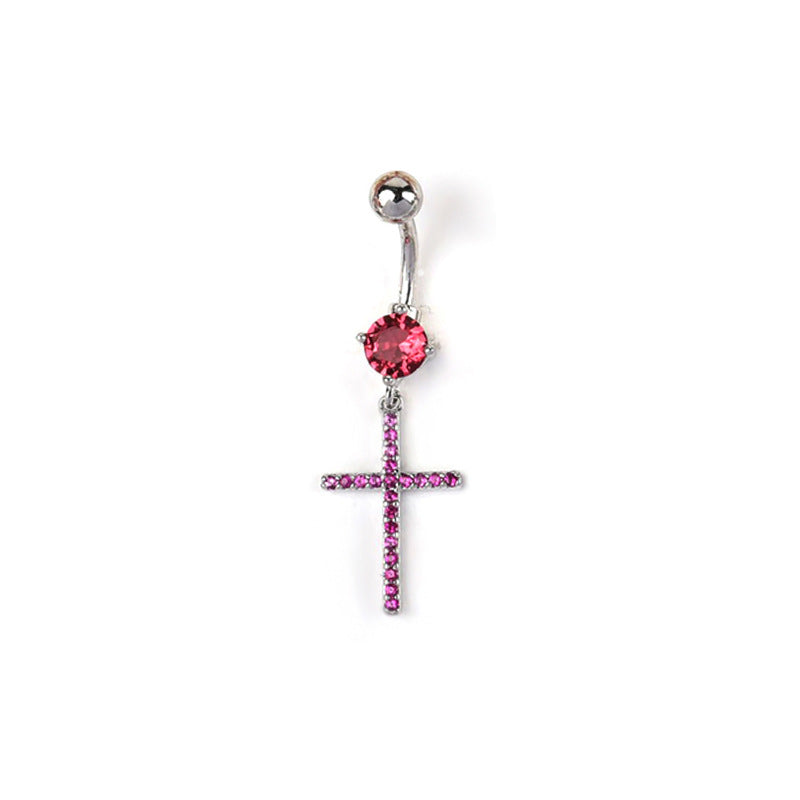 Silver metallic navel ring showcasing a vibrant round center gem and a dangling crucifix charm with pink rhinestones