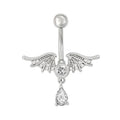 High-resolution shot of a silver demon wings belly button ring with a shimmering center stone and a single teardrop charm.