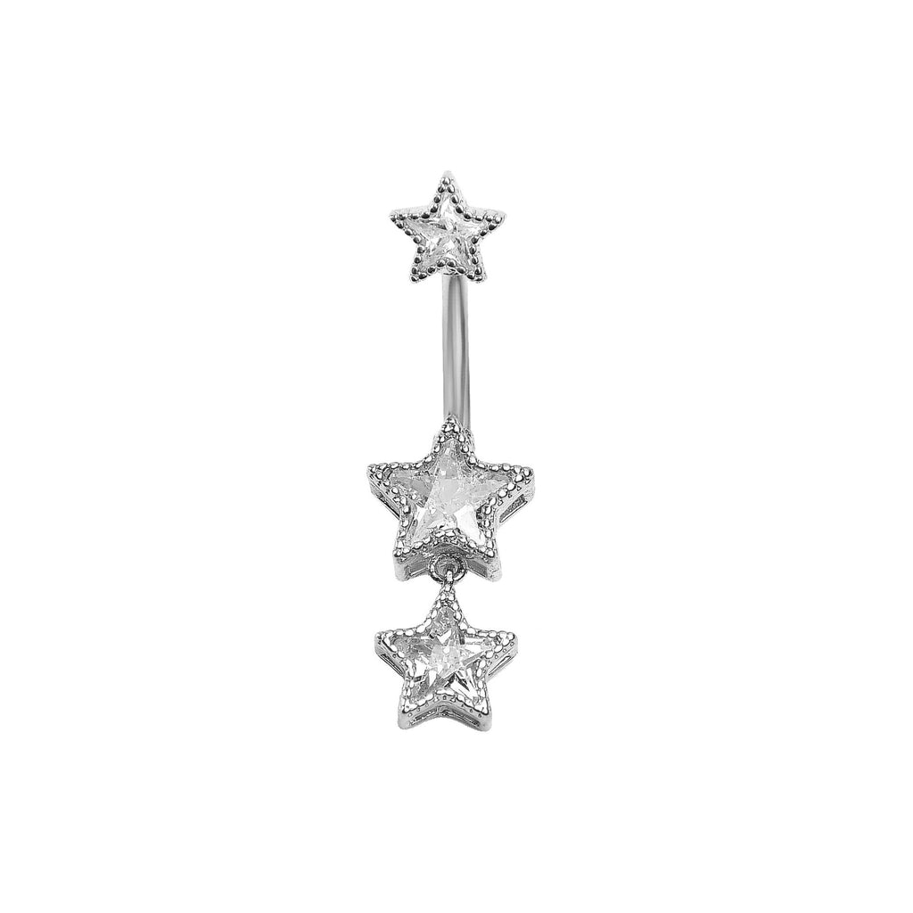 Silver triple star dangle belly button ring with three cascading star-cut crystals against a plain white background