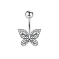 A sparkling silver-toned butterfly navel piercing featuring intricate crystal pavé wings and a smooth metallic curved barbell with a top ball closure