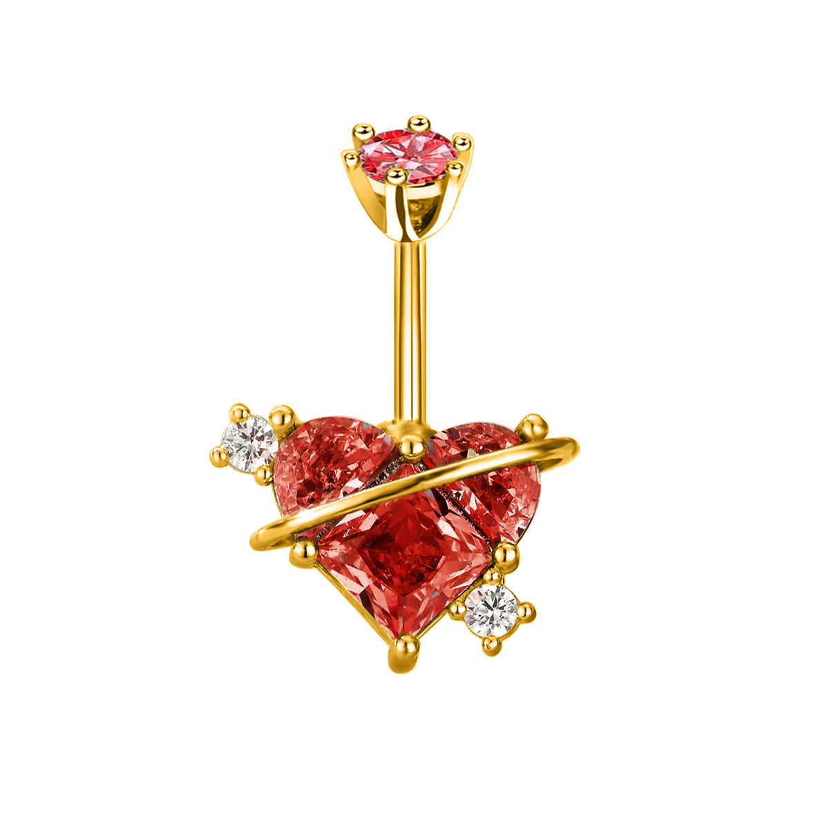 A statement vibrant red heart planet belly button piercing with a luxurious gold frame
