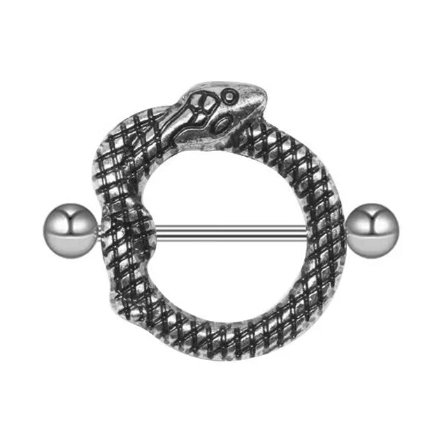 Close-up of a vintage silver snake nipple shield piercing on a white background.